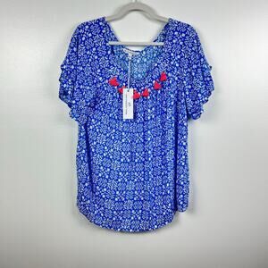 NEW Southern Tide Charting Blue Neon Pink Tassel Blouse Flutter Sleeves Large